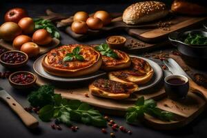 Pizza con carne, vegetales y un pan en un mesa. generado por ai foto