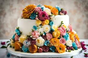 a cake decorated with colorful flowers. AI-Generated photo