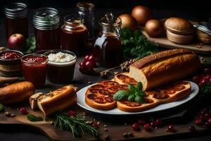 a table with bread, jam and other food. AI-Generated photo