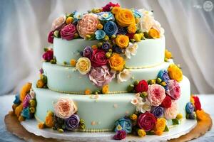 a three tiered cake with colorful flowers on it. AI-Generated photo