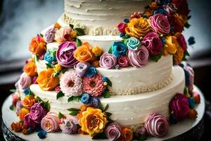 a wedding cake with colorful flowers on top. AI-Generated photo