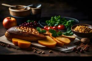 food on a wooden table with bread, apples and other ingredients. AI-Generated photo