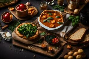 various types of food on a wooden cutting board. AI-Generated photo