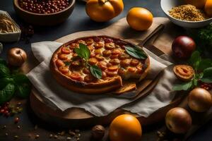 a pizza with tomatoes and basil on a cutting board. AI-Generated photo