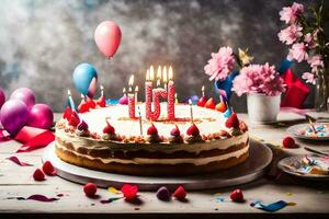 un cumpleaños pastel con velas en él. generado por ai foto