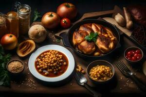 chicken, chickpeas, tomatoes, beans, bread and spices on a wooden table. AI-Generated photo