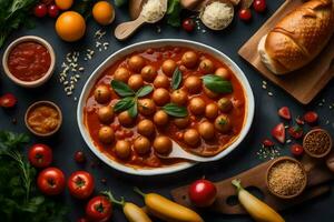 italian food with tomatoes, bread and basil on a dark background. AI-Generated photo