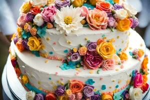 a colorful cake with flowers on top. AI-Generated photo