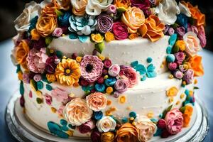 a wedding cake decorated with colorful flowers. AI-Generated photo