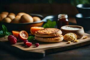 breakfast food on a wooden table. AI-Generated photo