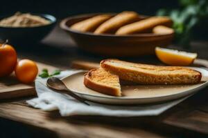 bread sticks on a plate with tomatoes and other ingredients. AI-Generated photo