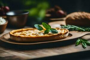 a pie with cheese and bread on a wooden board. AI-Generated photo