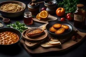 various ingredients are on a table with a bowl of spaghetti. AI-Generated photo