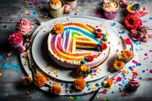 a rainbow cake with a slice missing on a plate. AI-Generated photo