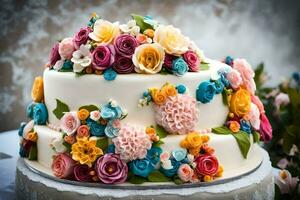 a wedding cake with colorful flowers on top. AI-Generated photo