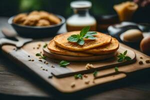 pancakes on a cutting board with eggs and other ingredients. AI-Generated photo