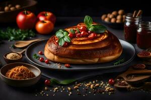 un un pan con Tomates y albahaca en un negro antecedentes. generado por ai foto