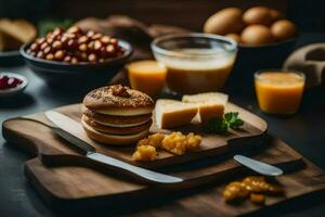 breakfast foods on a cutting board. AI-Generated photo