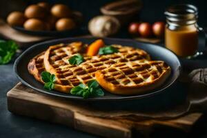 waffles on a plate with eggs and spices. AI-Generated photo