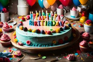 a birthday cake with colorful candles and balloons. AI-Generated photo