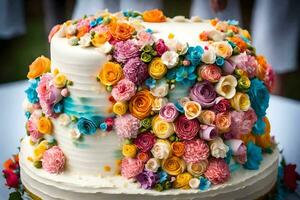 a wedding cake with colorful flowers on top. AI-Generated photo