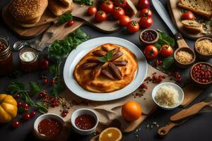 un plato de comida con pan, Tomates, y otro ingredientes. generado por ai foto