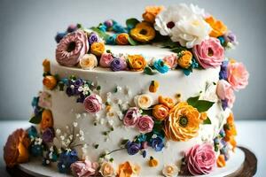 a white cake with colorful flowers on it. AI-Generated photo