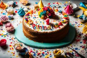 un cumpleaños pastel con papel picado y decoraciones generado por ai foto