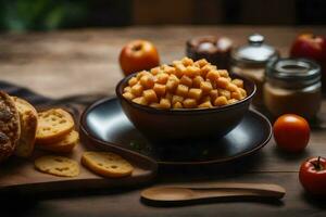 macaroni in a bowl with bread and tomatoes on a wooden table. AI-Generated photo