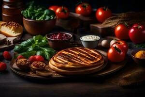 food on a wooden table with bread, tomatoes and other ingredients. AI-Generated photo