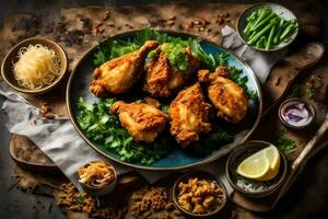 fried chicken on a plate with green beans and other ingredients. AI-Generated photo
