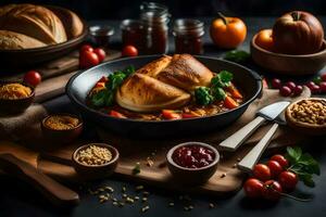 a pan with food and other ingredients on a table. AI-Generated photo