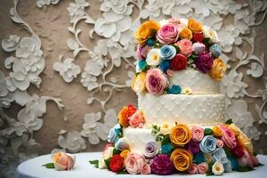 a wedding cake with colorful flowers on top. AI-Generated photo