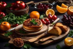 a variety of food on a cutting board. AI-Generated photo