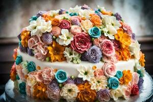 a cake decorated with colorful flowers. AI-Generated photo