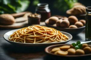 spaghetti with meatballs and olives on a wooden table. AI-Generated photo
