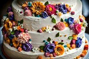 a wedding cake with colorful flowers on top. AI-Generated photo