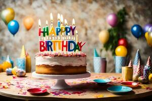 happy birthday cake with lit candles on a table with balloons and confetti. AI-Generated photo