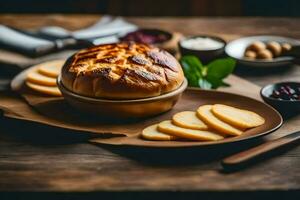 bread and cheese on a wooden table. AI-Generated photo