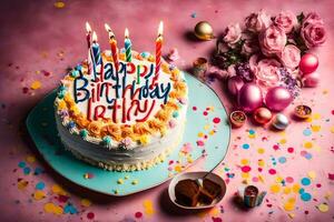 happy birthday cake with candles on a pink background. AI-Generated photo