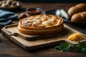 a pie on a wooden cutting board with other ingredients. AI-Generated photo