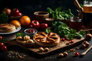 pancakes, vegetables and other ingredients on a cutting board. AI-Generated photo