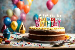 happy birthday cake with candles on a table with colorful confetti. AI-Generated photo