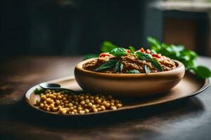 a bowl of curry with chickpeas and spinach on a wooden table. AI-Generated photo