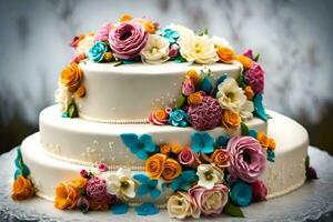 a three tiered cake with colorful flowers. AI-Generated photo