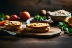 two sandwiches on a wooden cutting board with other ingredients. AI-Generated photo