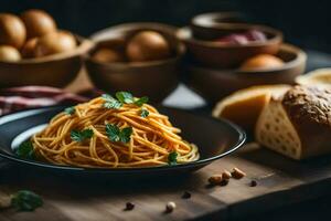 spaghetti with bread and eggs on a wooden table. AI-Generated photo