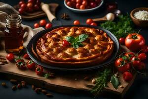 a pizza with tomatoes and basil on a wooden cutting board. AI-Generated photo