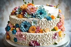 a three layer cake with colorful flowers on top. AI-Generated photo