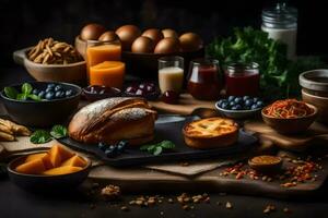 various foods including bread, eggs, and other ingredients. AI-Generated photo